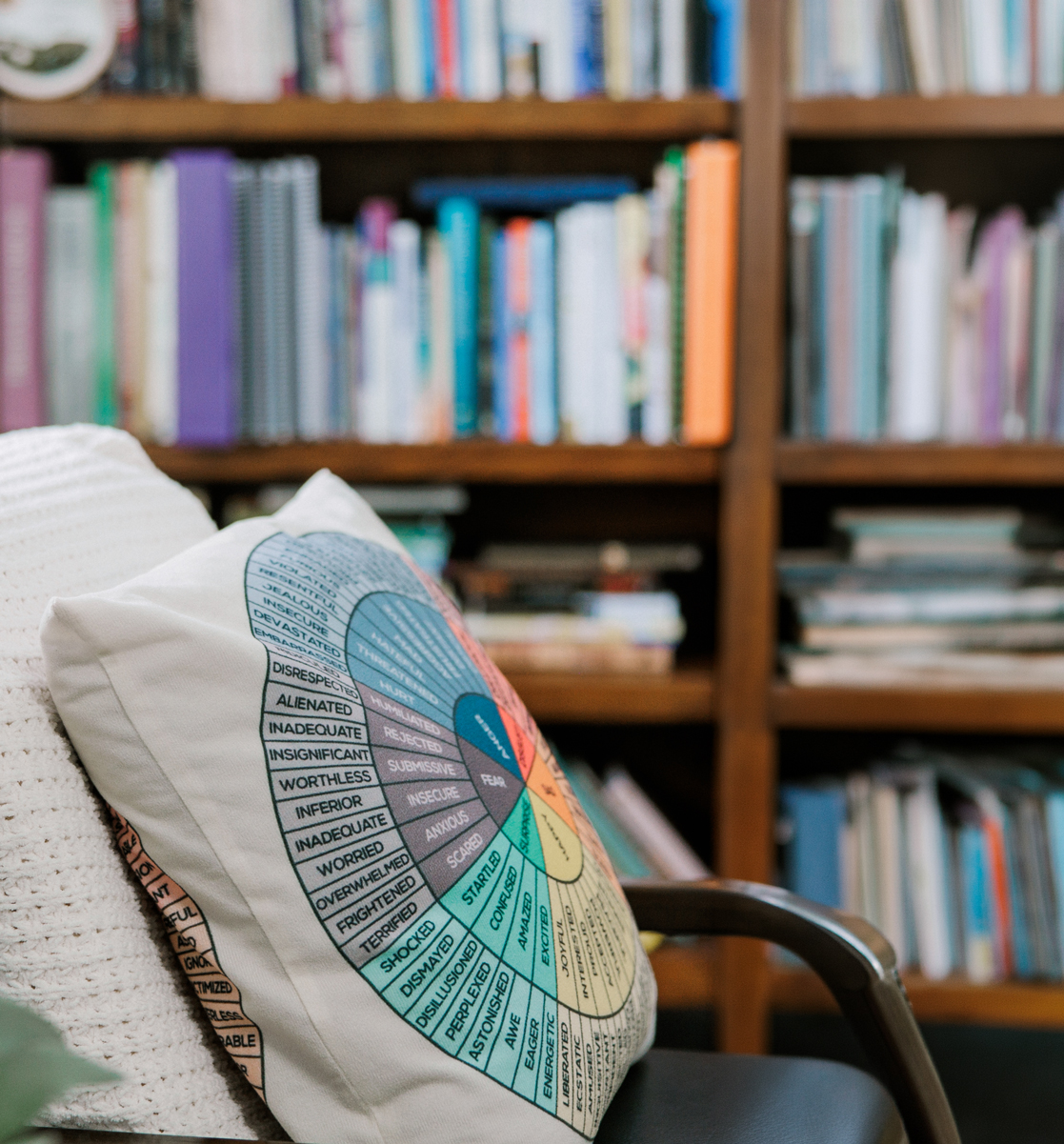 Emotions wheel pillow in a therapist's office
